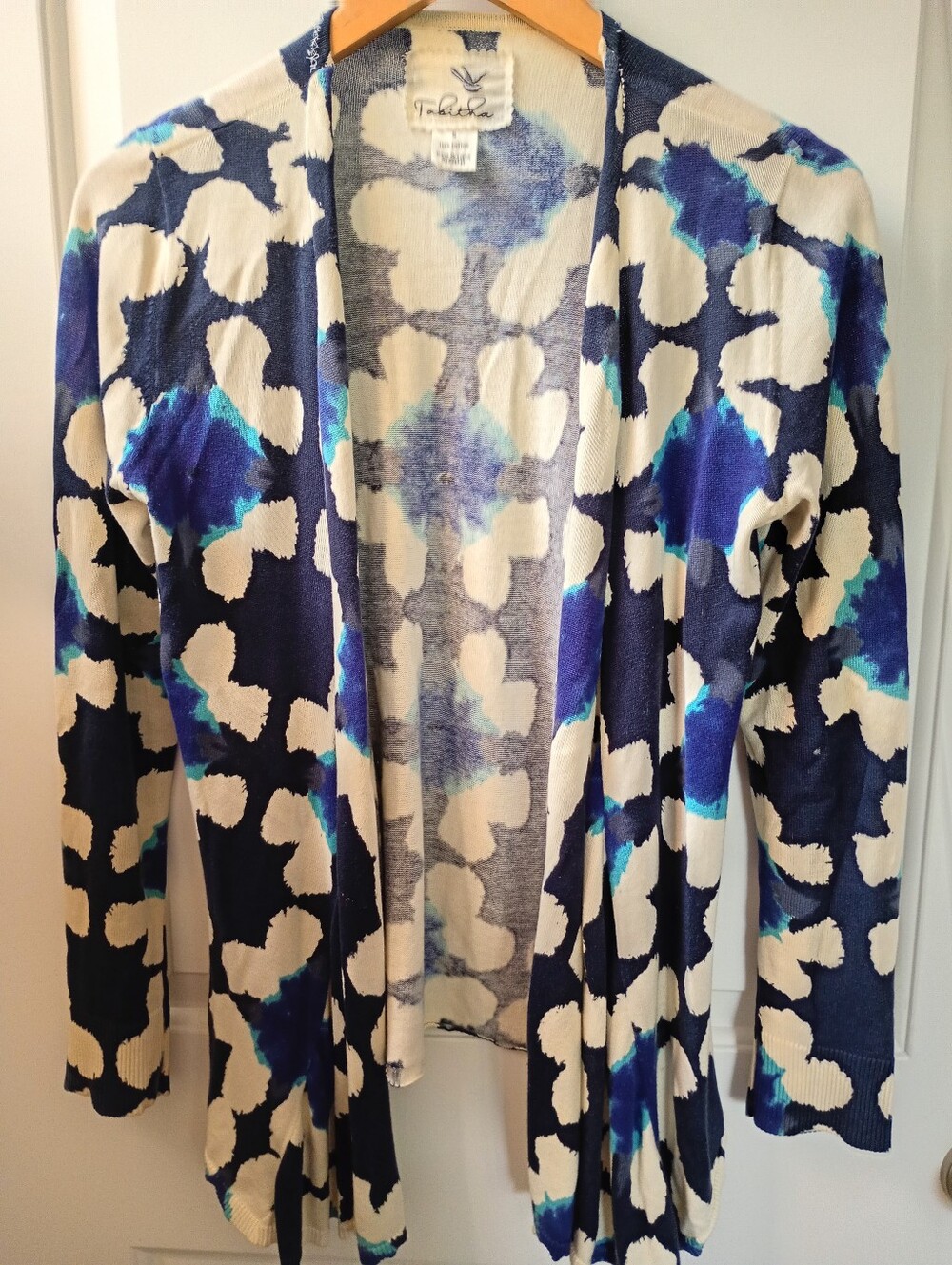 Tabitha | Open-Front Cardigan in Navy, Cream & Teal Abstract Print | S